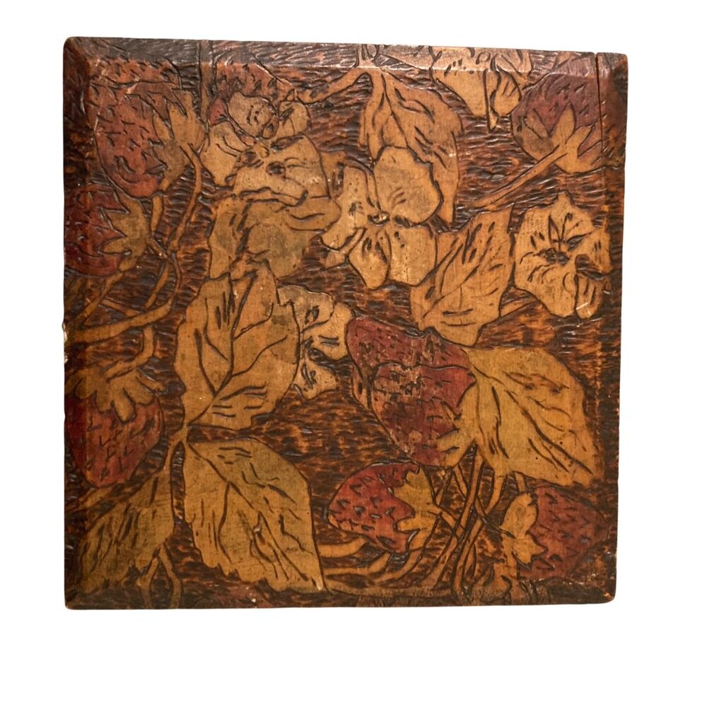 Antique Pyrography Strawberry Wood Box Please Read Description
